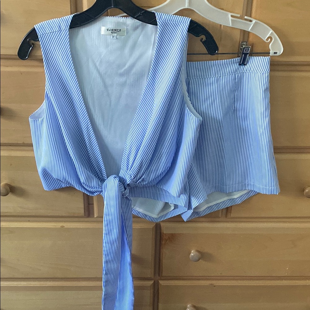 Elenza by L&L Blue and White Striped Shorts/Wrap Top